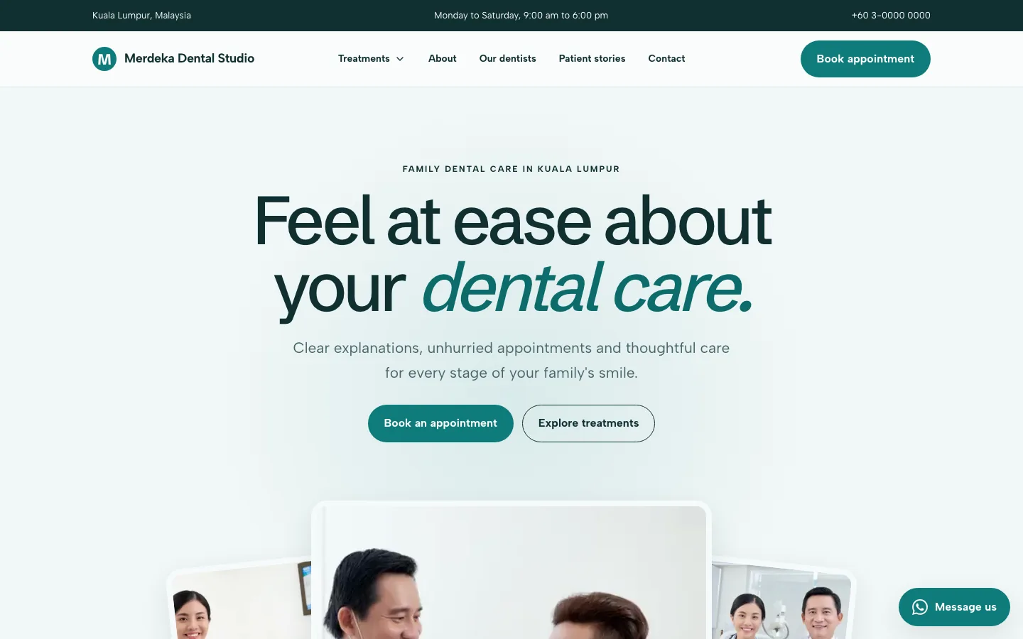 Classic style preview in bright mood on a demo dental clinic website for Merdeka Dental Studio