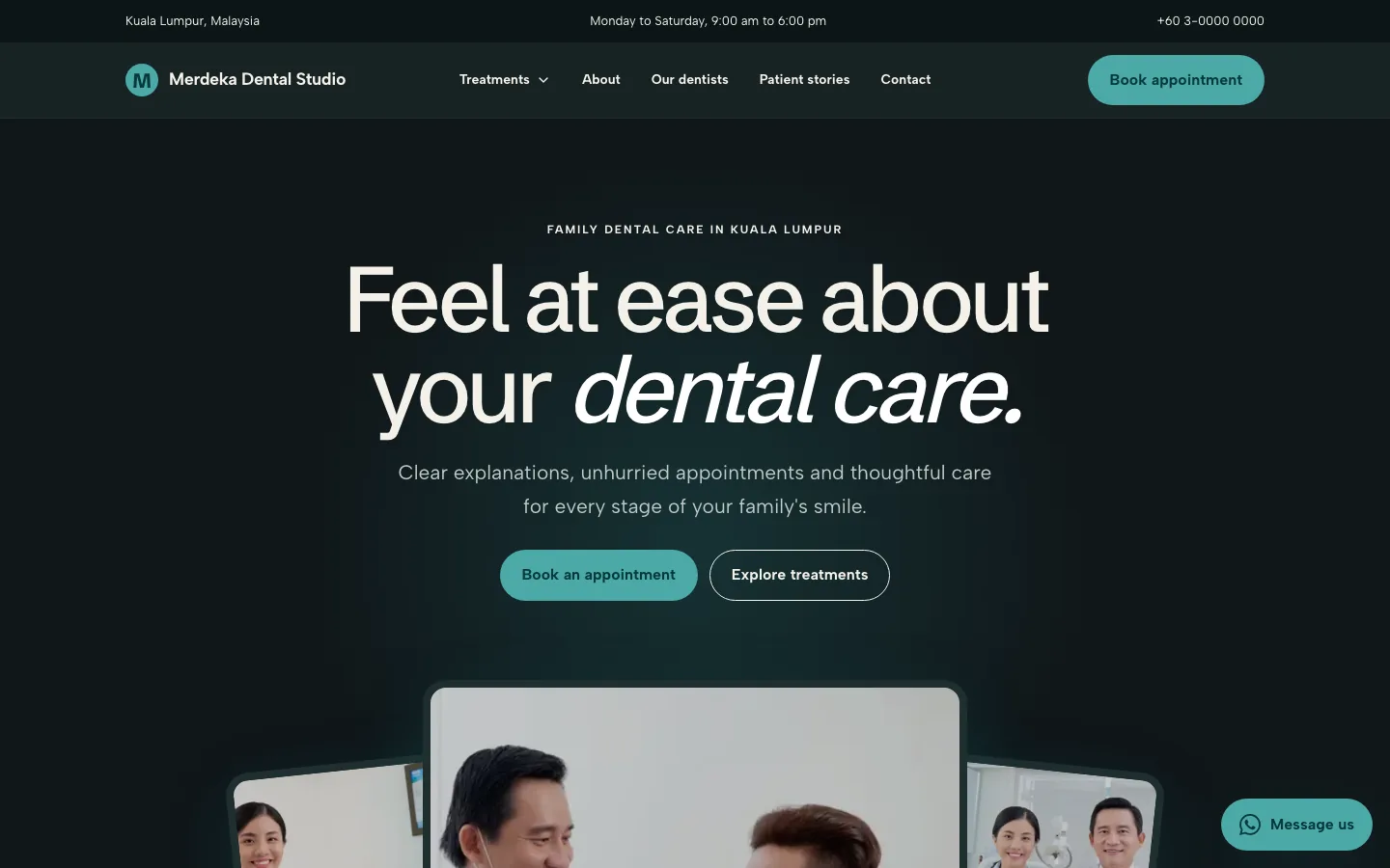 Classic style preview in dark mood on a demo dental clinic website for Merdeka Dental Studio