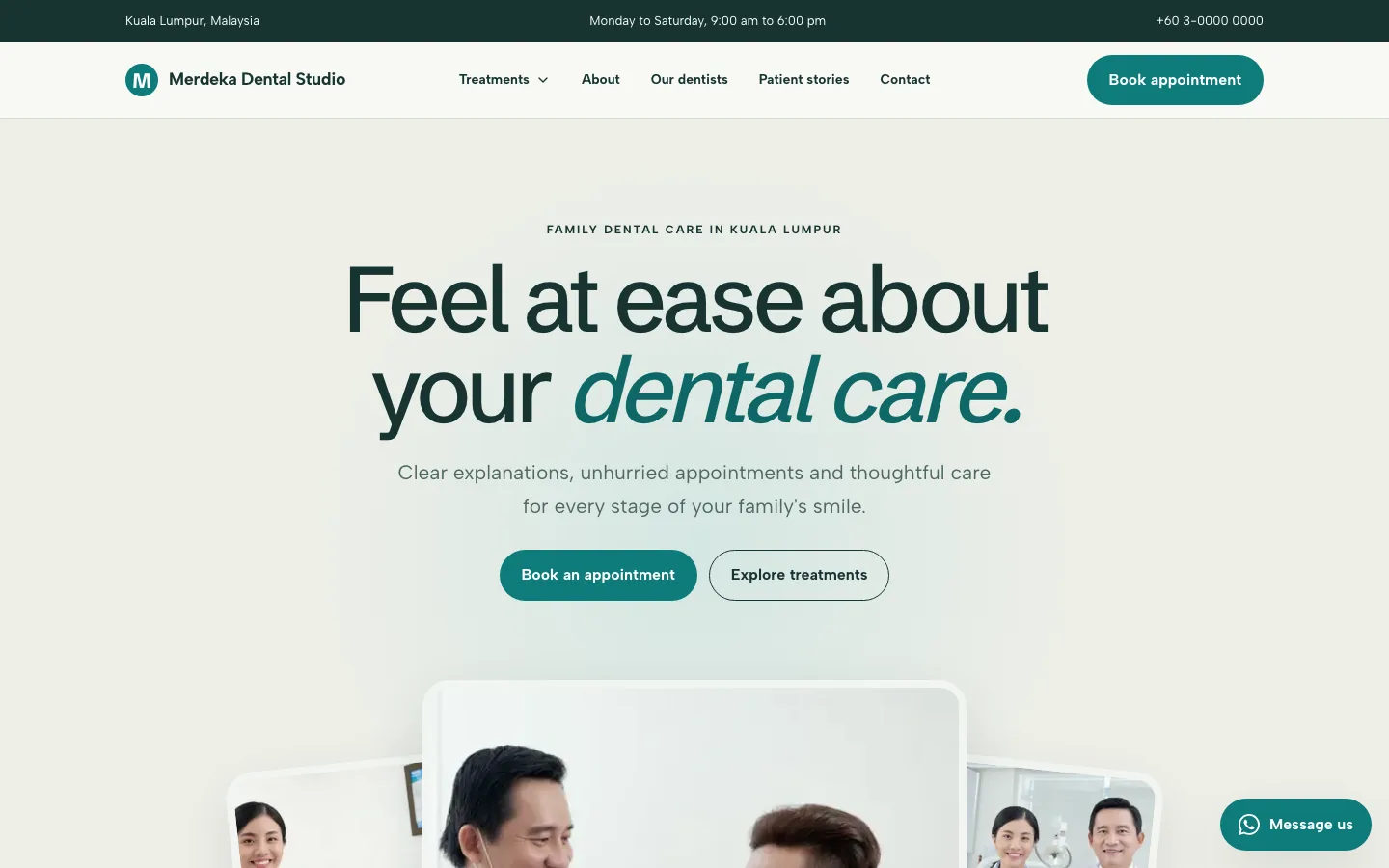 Classic style preview in warm mood on a demo dental clinic website for Merdeka Dental Studio