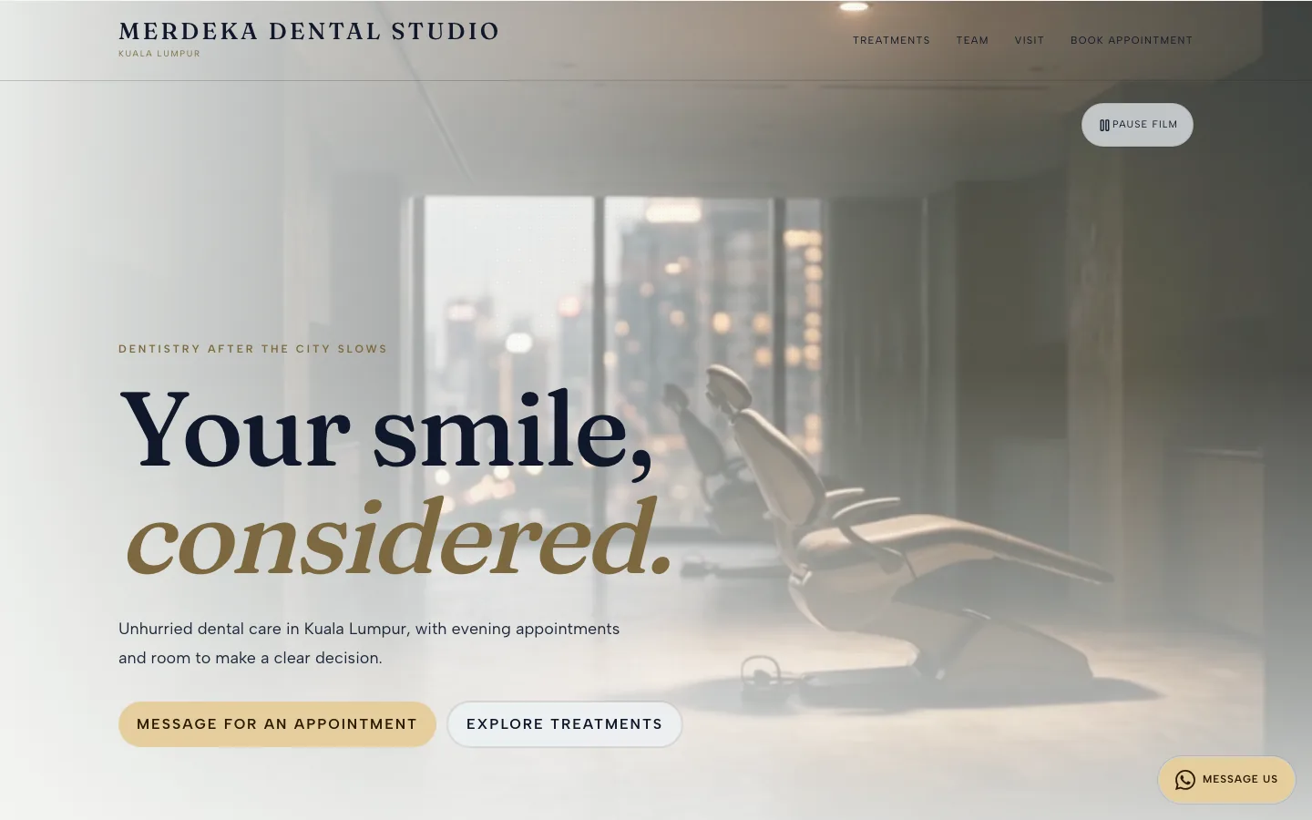 Premium style preview in bright mood on a demo dental clinic website for Merdeka Dental Studio