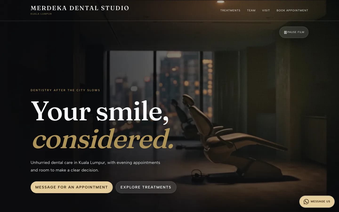 Premium style preview in dark mood on a demo dental clinic website for Merdeka Dental Studio