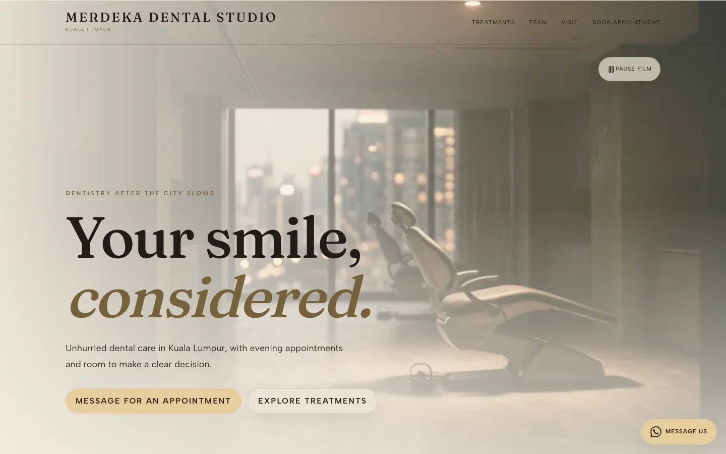 Premium style preview in warm mood on a demo dental clinic website for Merdeka Dental Studio